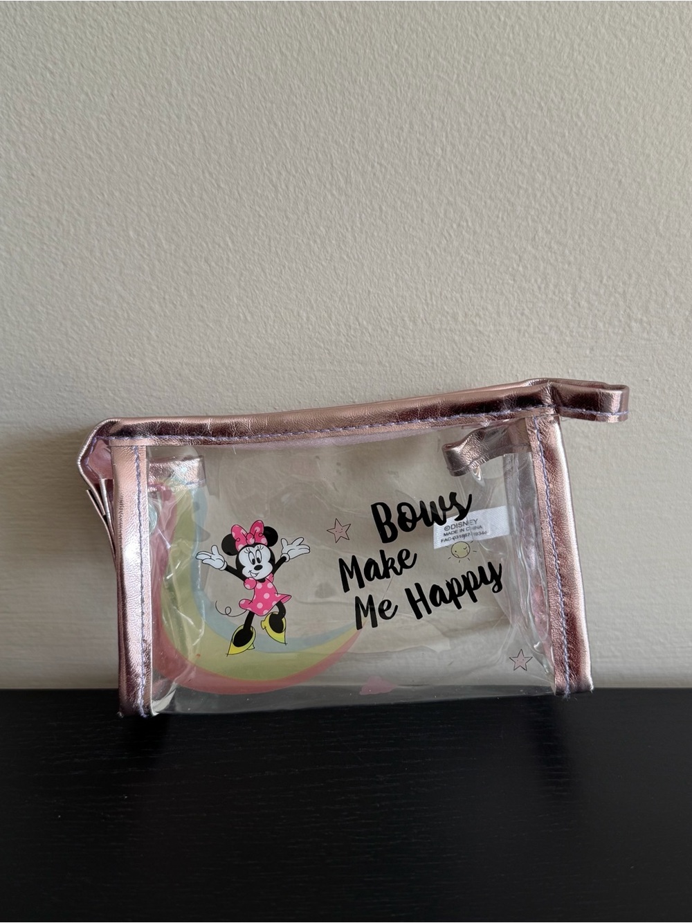 Disney Minnie Mouse "Bows Make Me Happy" Small Clear Pink Zip Cosmetic Bag